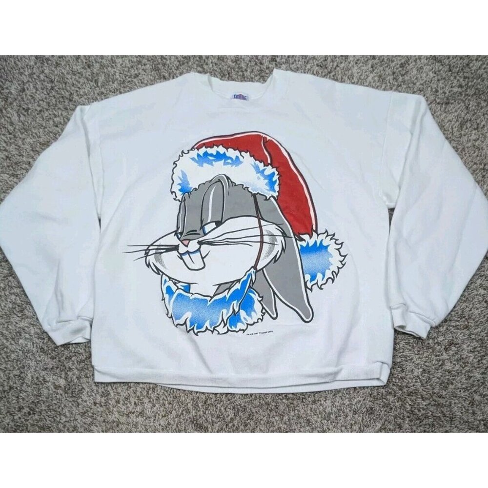 Vintage Bugs Bunny Santa Christmas Sweatshirt Mens Large White Made In USA